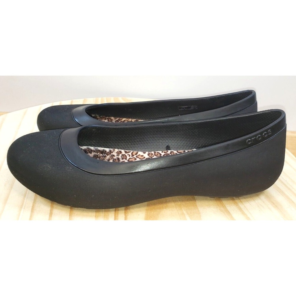 Crocs Mammoth Ballet Flats 16203‎ Womens Black Size 9 Slip On Leopard Lined